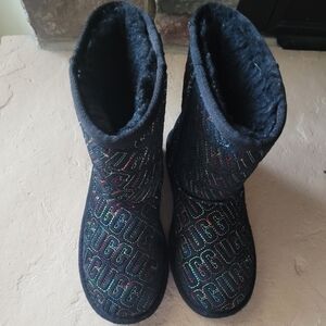 UGG Classic Multi-Color Graphic Stitch Black Suede Girl's Boots USA Size 2